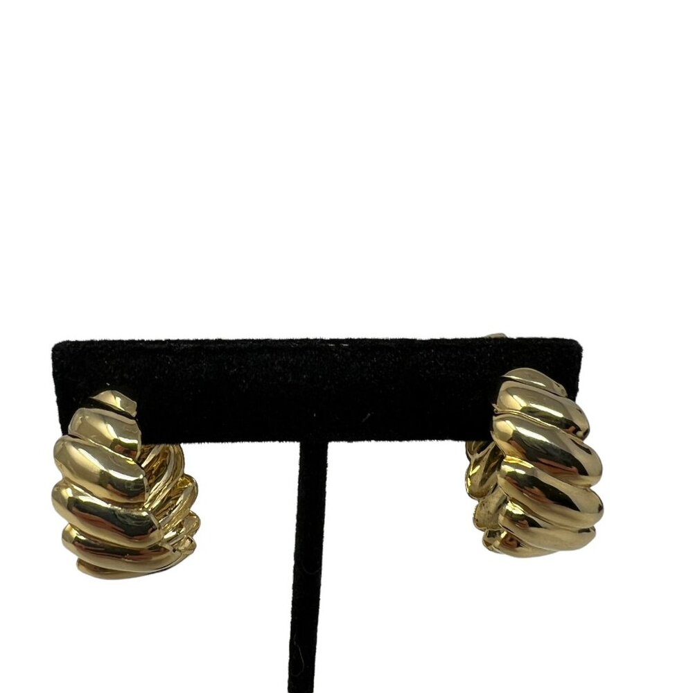 Vintage Earrings Wide Hoops Gold Tone Clip On Wave Shiny‎ Elegant